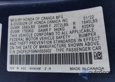 2022 Honda Civic Sport from USA, damaged, VIN 2HGFE2F59NH566902